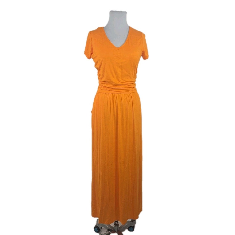 NY & CO. Medim Petite MP Dress  Orange Jersey Rayon Short Sleeve‎ Midi Pockets